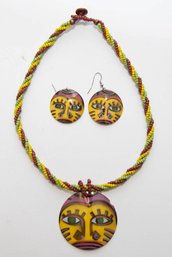 Bali Face Shell Red/yellow/green Seed Bead Necklace And Earrings