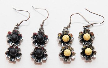 Black And Yellow Seed Bead Silver Tone Double Flower Earrings