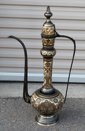Vintage Arabic Brass Etched Enameled Tea/Coffee Pot