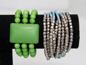 Lime Green Bead And Tile And Blue And Silver Seed Bead Stretchable Bracelets