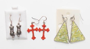 Orange Cross, Green Tree And Cat Fashion Earrings