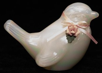 Fenton White Opalescent Bird With Rose And Bow