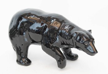 Black Glazed Bear Figurine In The Style Of Native American Ben Saxon