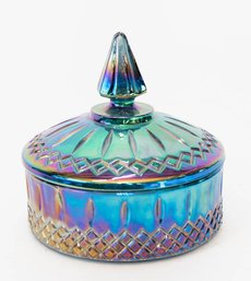 Indiana Glass Iridescent Peacock Blue Carnival Glass Candy Dish