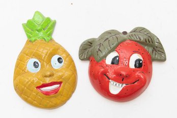 Vintage Chalkware Anthropomorphic Apple And Pineapple Wall Decor