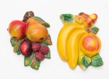 Vintage Chalkware Fruit Wall Plaques Bananas, Peach And Apple, Pear, Plum And Berries