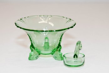 3.5' Green Depression Glass Footed Bowl And Spoon