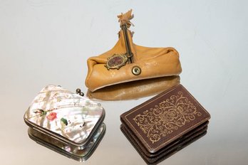 Mother Of Pearl Shell Hand Painted Coin Purse And Firenze Leather Coin Purse