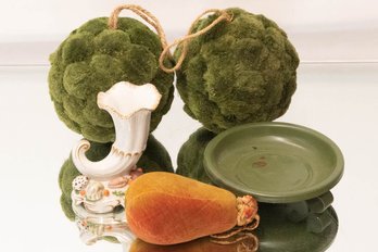 Lot Of Home Decor Includes Green Moss Balls, Stuffed Pear And Italian Cornucopia Vase