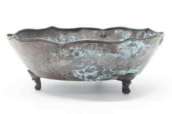 Antique Hammered Patina Copper Etched Dragon Centerpiece Bowl