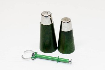 Mid Century Green Wooden Salt And Pepper Shakers And Pickle Grabber