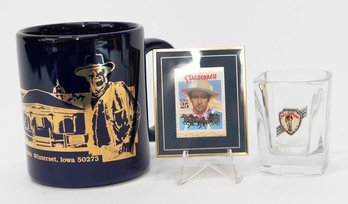 1990 Hanford Heirlooms John Wayne Framed Stamp, Mug And Shot Glass
