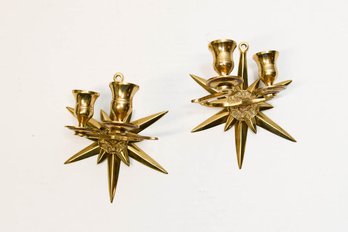 Pair Of Celestial Brass Star Double Wall Sconce Candleholders