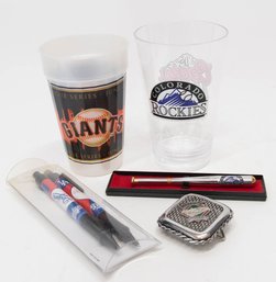 MLB Team Souvenir Collectibles Includes Belt Buckle, Pens And Cups
