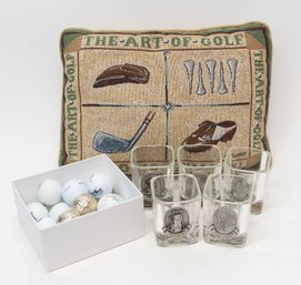 Golf Lot Includes Whiskey Glasses, Balls And Decorative Pillow