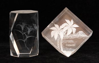Holographic Laser Etched Lily And Plexiglass Hawaii Paperweights