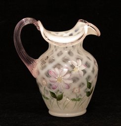 Fenton Hand Painted And Signed Diamond Optic Pink Crest Pitcher
