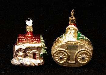 Hand Blown Old Mill And Santa Coach Ornaments