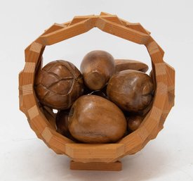 1970s Wood Basket Of Wooden Fruit