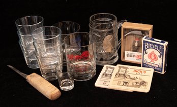 Bar Glassware, Cards, Coasters And Knife