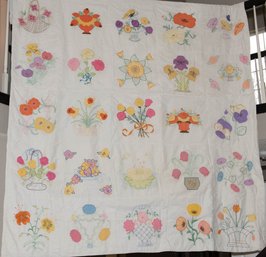 Handmade Embroidered Flower Quilt 80'x94'