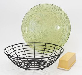 Kitchen Lot Includes Wire Fruit Basket, Tupperware Butter Storage And Green Serving Plate