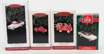Hallmark Keepsake Ornaments 1966 Mustang, Murray Fire Truck, 1956 Ford Truck And 1955 Chevy Cameo