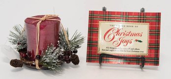 Holiday Pine Cone And 4' Metallic Red Candle With Christmas Joys Book