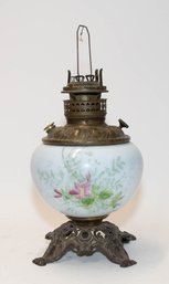 Antique Victorian Hand Painted Flowers Milk Glass  Oil Parlor Lamp