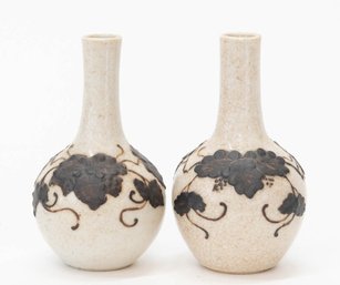 Japanese Satsuma Style Vases With Crackle Glaze And Applied Grapevine Decoration