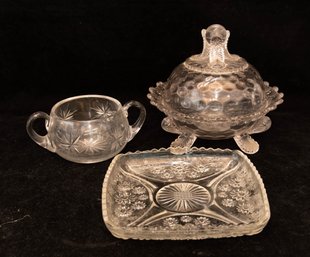 Glass Lidded Butter Dish, Starburst Etched Sugar And Square Luncheon Plate