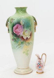 1936 Boone Pottery Victorian Vase And Lefton Pink Applied Flowers Miniature Vase