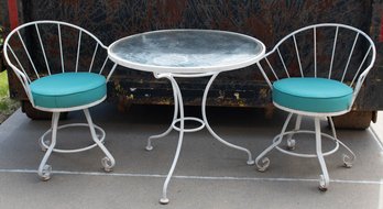 Adorable Vintage Steel Patio Bistro Set With Turquoise Cushions