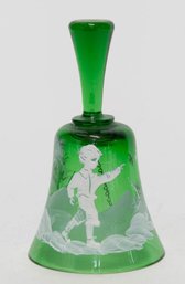 Mary Gregory Emerald Glass Hand Painted Boy Holding A Flower