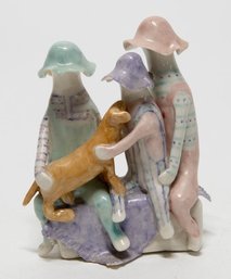 1991 Signed 'no Faces' Children With The Family Dog Pastel Porcelain Figurine