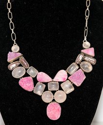 Pink Drusy And Glass Statement Necklace In 925 Silver