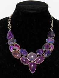 Purple Turquoise Glass Statement Necklace In Silvertone