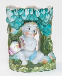 Vintage Japanese Hand Painted Porcelain Cherub With Purple Butterfly Tree Planter