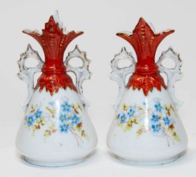 4' Antique Hand Painted Victorian Double Handled Bud Vases