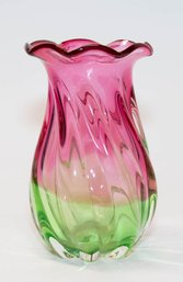 1950s Hand Blown Teleflora Swirled Pink And Green Vase