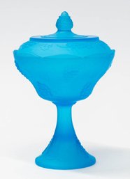 Indiana Glass Blue Satin Pressed Glass Pedestal Candy Jar