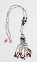 Smokey And White Crystal Beaded Tassel Necklace