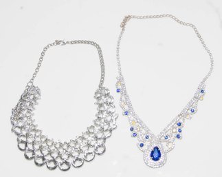 Blue And Crystal Beaded Silver Tone Necklaces