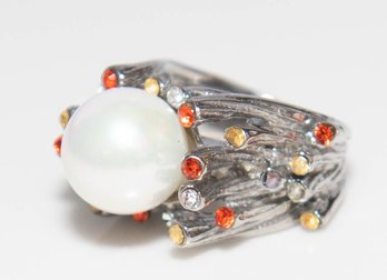 Faux Pearl With Orange And Yellow Crystals Ring In Stainless Steel Ring Size 6