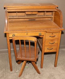 Antique Diminutive  Roll Top Desk With Storage Cubbies And Chair