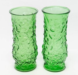 1960s Pair Of Brody Emerald Crinkle Slim Glass Vases