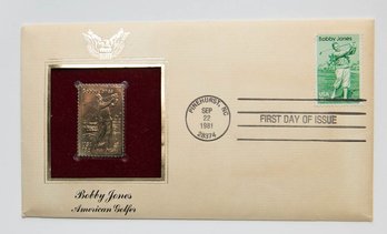 1981 First Day Of Issue 22kt Gold Fantasy Stamp Bobby Jones American Golfer