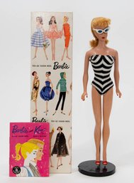 1959 Mattel Barbie Teenage Fashion Model With Pedestal, Box, BlackWhite Striped Swimsuit, Sunglasses, Shoes