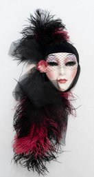 Clay Art Lady Face With Black And Pink Feathers Wall Mask