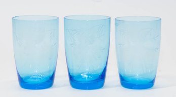 4' Bright Blue Floral Etched Juice Glasses (3)